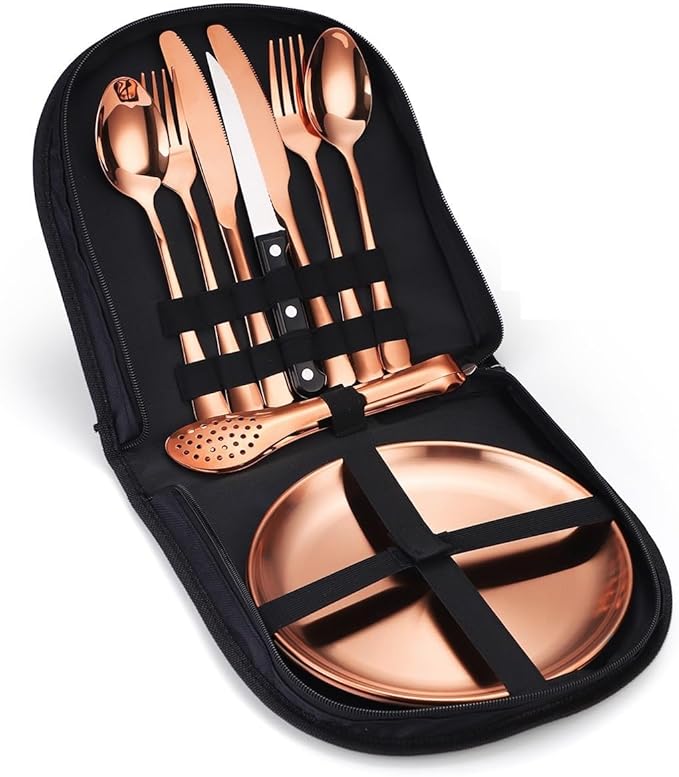 Silverware Flatware Cutlery Set, Outdoor Camping Stainless Steel Table Knife, Fork, Spoon, Plate, Food Clip, Portable Tableware Bag Set.Rose Gold-4Set