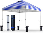 Nazhura 10' x 10' Pop Up Canopy with Sand Weight Bag, Awing for Patio, Freestanding Sun Shelter for Picnic and Camping, One Person Setup, White (Blue Stripe)