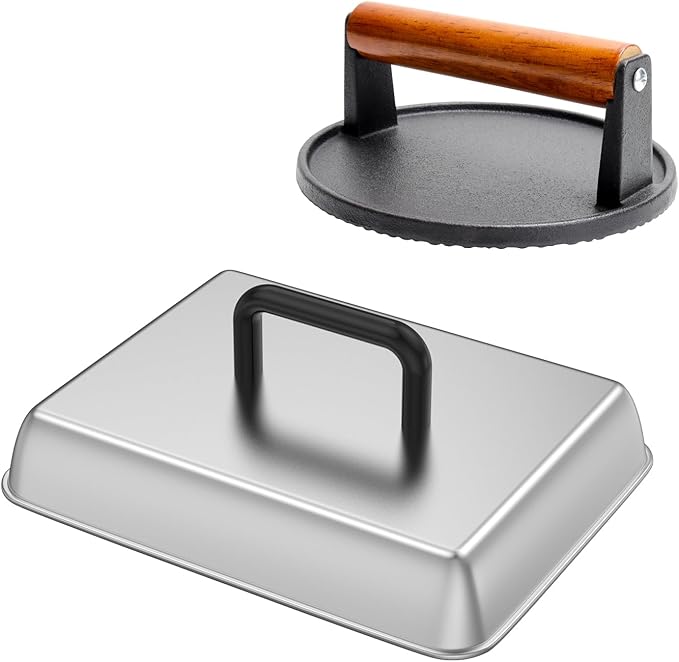 SafBbcue Round Cast Iron Smash Burger Grill Weight Press & Griddle Steamer Melting Dome Basting Cover for Blackstone Flat Top Grills Accessories, 14" Rectangular Stainless Steel Grill Basting Cover