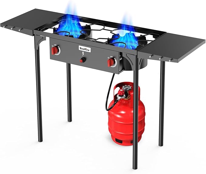 Bestfire 2 Burner Propane Camping Stove,150,000 BTU,Exclusive One-Touch Auto Ignition (Safer & Convenient),2 Side Shelves,CSA-Certified,30s Tool-Free Setup,Portable for Camping, Estufa De Gas Portatil