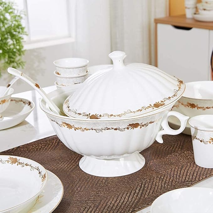 Ceramic Tableware Set with 46 Pieces, Bowl/Soup Pot/Spoon | Bone China Tableware Sets, Gold Rose Pattern Porcelain Combination Set
