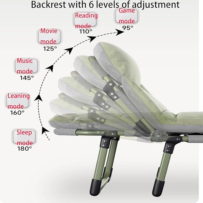 Folding Bed with Thick Cotton Mattress, 6-Position Adjustable with Side Pocket Single Person Portable Cot Chair for Bedroom Living Room Office, Outdoor Foldable Camping Cot(180 * 60 * 28cm)