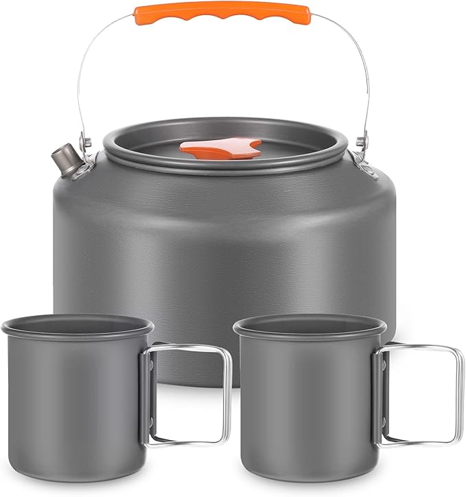 3 Pieces Camping Kettle 2.5 L Camp Tea Coffee Pot with 2 Cups & Carrying Bag Outdoor Campfire Camp Kettle Set for Open Fire, Outdoor Activity, Stove, Hiking, Backpacking