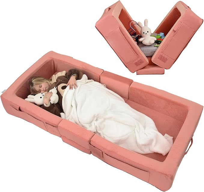ENITYA Toddler Travel Bed, Folding Floor Cot for Travel, Portable Kids Bed for Sleeping, Washable Toddler Cot for Children 1– 4yr Old, Pink