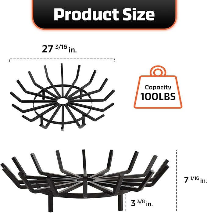 Idzo 27in Fire Grate Log Grate Wrought Iron Fire Pit Round Spider Wagon Wheel Firewood Heavy Duty Bar Fireplace Stove Burning Rack Holder 4Legs Black