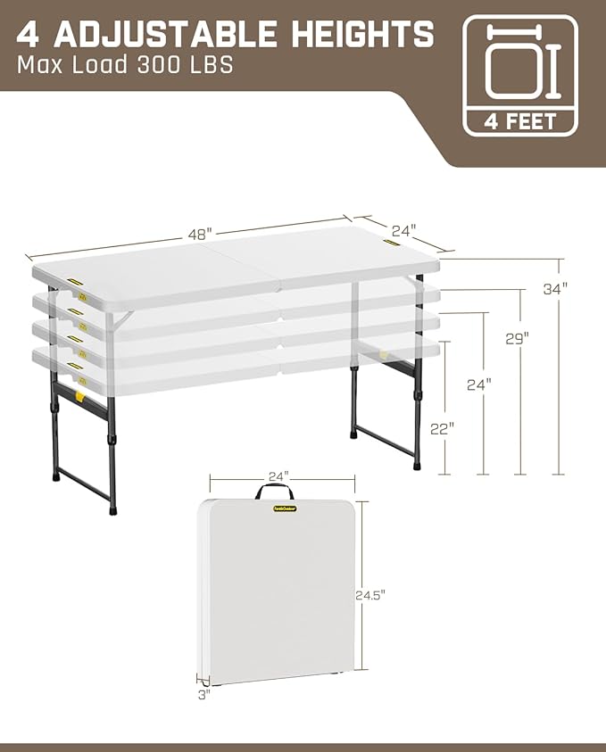 FanttikOutdoor Folding Table 4 Foot, Effortless Quick Adjustable Height Foldable Small Card Table, Fixing Lock, Stable for Party Dining Events Picnic Indoor Outdoor Camping, 1 Pack, Zeta X4 Pro White