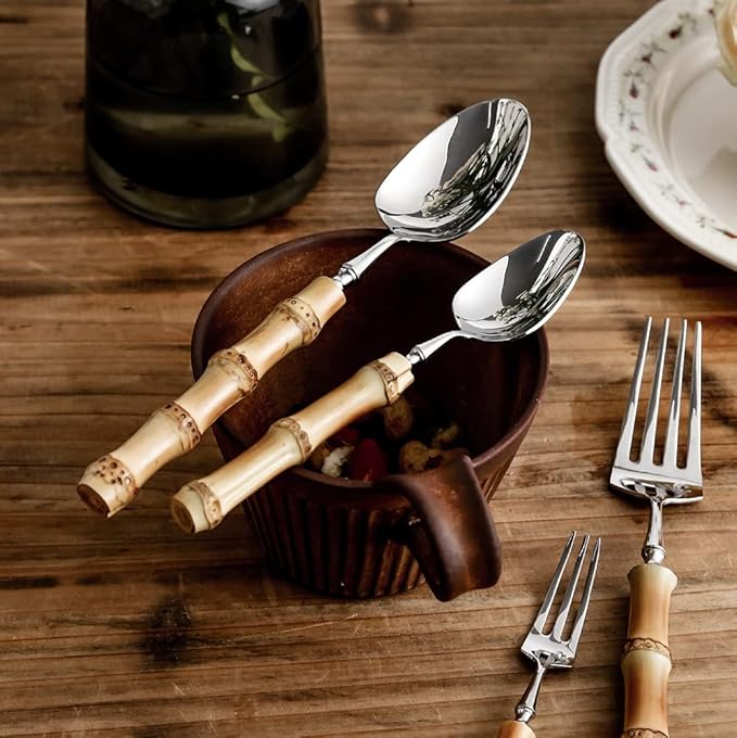 Bamboo Silverware Set for 8 , Natural Flatware Cutlery Set Tableware Utensil Set Knives Forks Spoons, Dinnerware Sets for Christmas Party Kitchen Wedding Gifts 40-piece