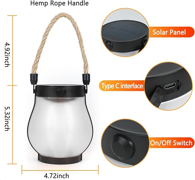 Solar Lantern Lights Outdoor, 2Pack Flickering Flame Light Hanging Solar Powered Lantern Lights Waterproof with Dual Charging (USB/Solar) & 2 Modes for Yard Patio Path Tree Garden Camping Decoration