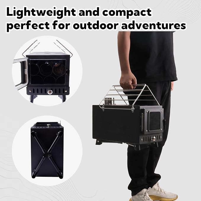 Wood Burning Stove,Tent Stove for Heating,Folding Portable Wood Stove for Tent,Cooking,Courtyard,Camping Stove include Chimney Pipes and Spark Arrestor, Black-LOGO