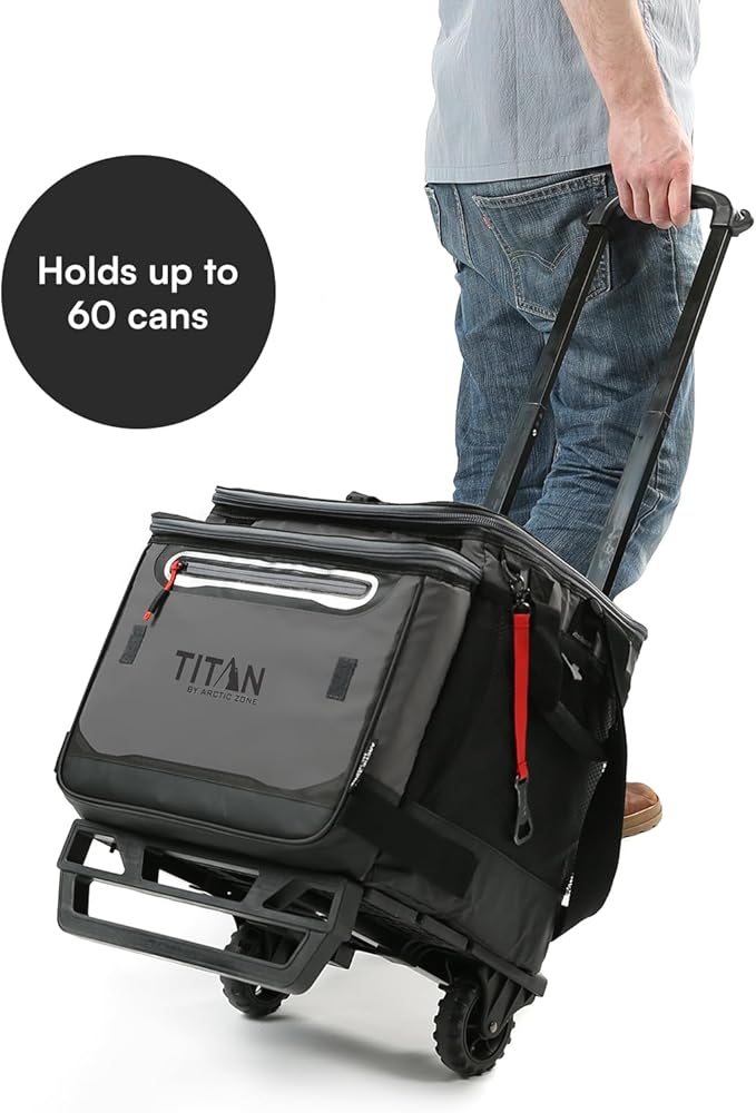 Titan Deep Freeze 60 (50+10) Can Wheeled Cooler - Collapsible Rolling Cooler with Wheels and All-Terrain Cart