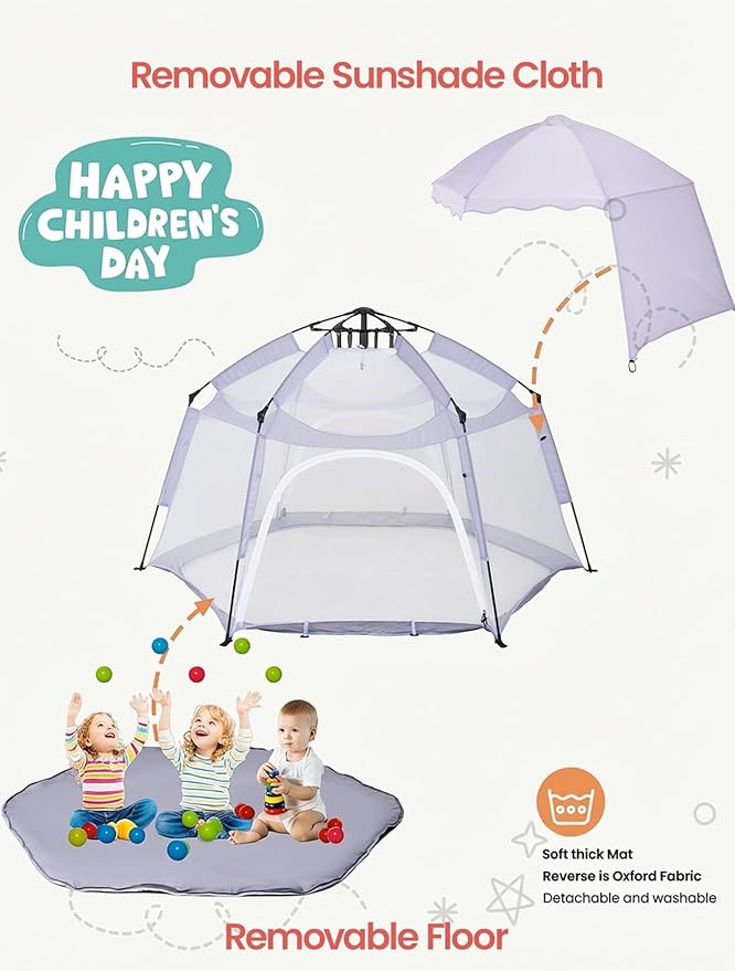Portable Large Pop Up Kids Indoor Outdoor Tent with Canopy UV Cover,Thick Removable Floor for Sleeping Or Beach Shelter (Lilac)