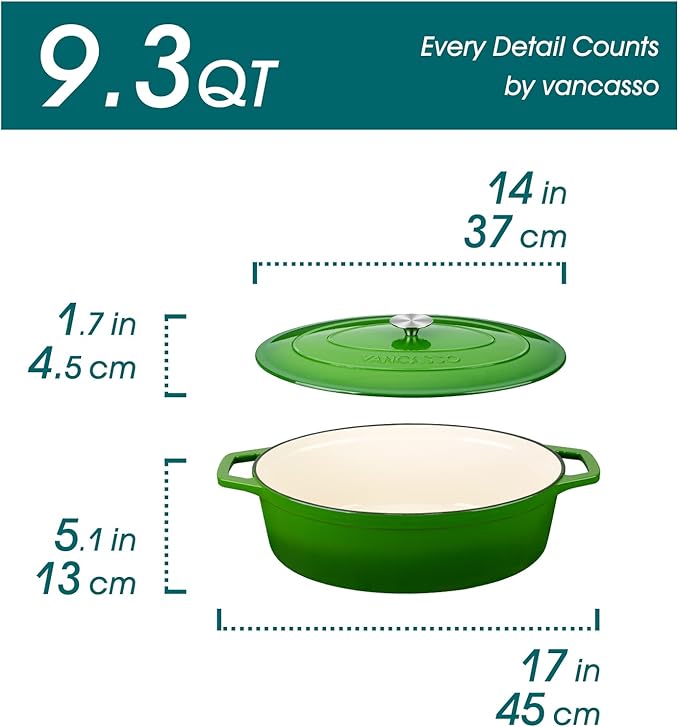vancasso Enameled Cast Iron Dutch Oven, 9.3 Quart Dutch Oven Pot with Lid, Oval Dutch Oven Cast Iron Pot with Non Stick Enamel Coating for Bread Baking