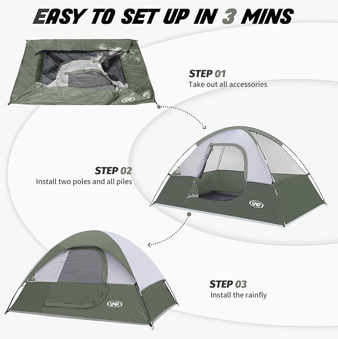 Camping Tent 2-4 Person, Waterproof Windproof Tent with Rainfly Easy Set up-Portable Dome Tents for Camping…