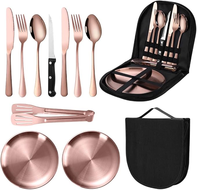 Travel Portable Rose Gold Silverware Set With Case Stainless Steel Camping Flatware Set 10 Piece Modern Cutlery Tableware Utensils Set for Picnic and Other Outdoor Activities Mirror Polished