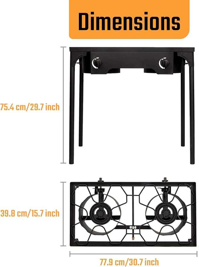 2 Burner Propane Gas Stove, 150,000 BTU Outdoor Camping Cooker with Removable Legs, 0–20 PSI Regulator & Hose, Heavy-Duty Cast Iron Double Burner for BBQ, Frying, and Boiling