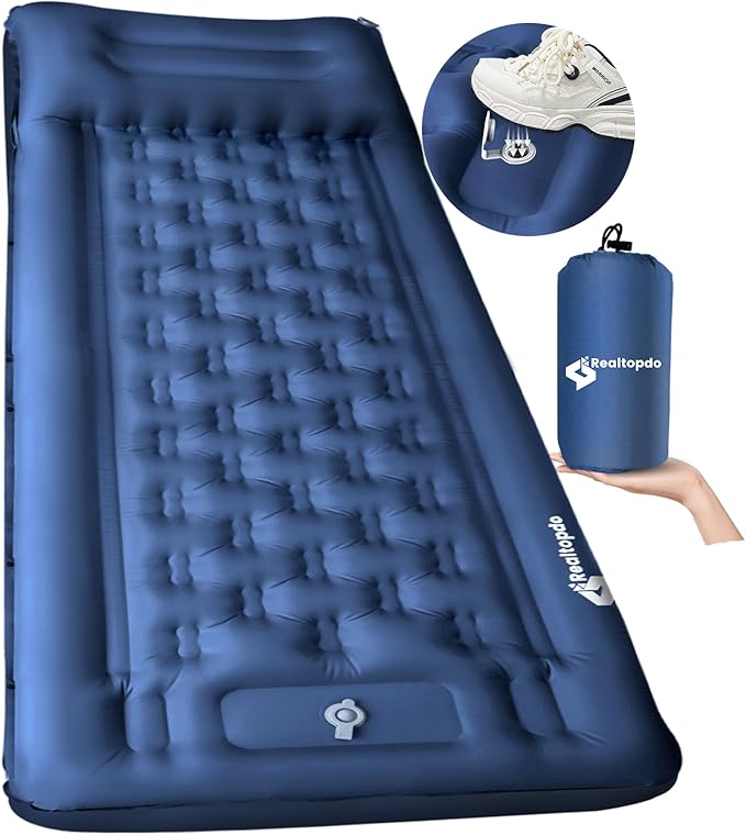 Extra Thick 5 Inch Sleeping Pad - Self Inflating Sleeping Pad with Pillow, Camping Mattress Pad with Foot Pump, Sleeping Pad Mat for Backpacking, Hiking, Traveling (Blue)