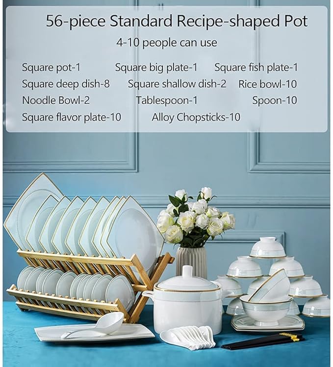 Ceramic Tableware Set Bone China Tableware Plates Ceramic Combination Tableware Set Porcelain Service for 10, Phnom Penh Tableware Set (56 Pieces)