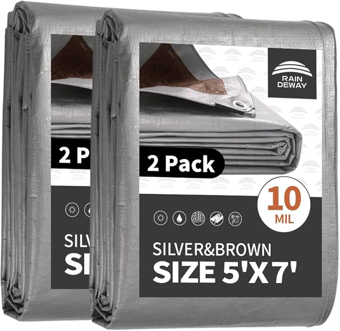 Tarps Heavy Duty Waterproof 5x7 Feet (2 Pack), 10Mil Multipurpose Small Tarp Cover with Metal Grommets and Reinforced Edges, Silver/Brown Tarp by RAINDEWAY