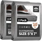 Tarps Heavy Duty Waterproof 5x7 Feet (2 Pack), 10Mil Multipurpose Small Tarp Cover with Metal Grommets and Reinforced Edges, Silver/Brown Tarp by RAINDEWAY
