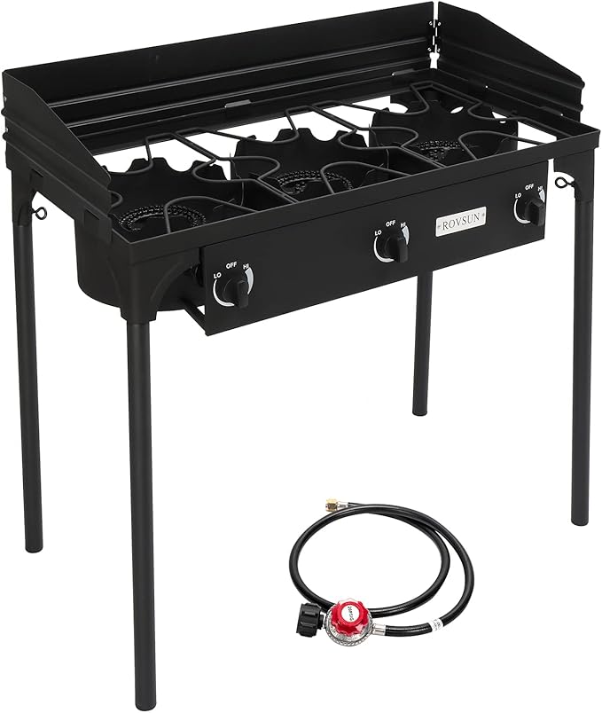 Bonnlo 3-Burner Outdoor Portable Propane Burner Stove 225,000-BTU Gas Cooker with Windscreen & Carrying Bag, Heavy Duty Iron Cast Patio Burner with Detachable Stand Legs for Camp Cooking