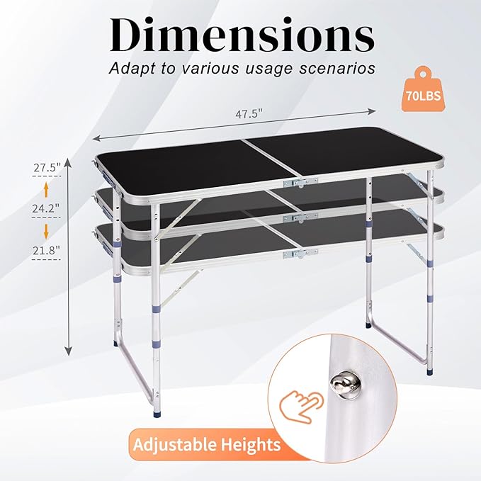 4.0 Ft Folding Portable Camping Table with Three Adjustable Heights, RV Tables for Inside a Camper, Outdoor, BBQ, Dining, Picnic, Cooking, Beach, Garden, Black