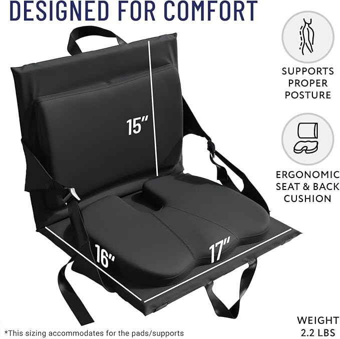 Everlasting Comfort Stadium Seats with Back Support - Adjustable Memory Foam Bleacher Chairs with Back and Cushion, Portable, Easy Folding Stadium Seat Cushion with Storage Pocket (Pack of 2)