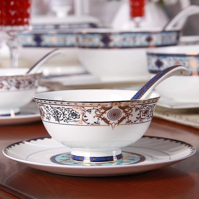 Ceramic Tableware Set with 55 Pieces/Bowl/Soup Pot/Spoon | Bone China Tableware, Blues Garden Pattern Porcelain Combination Set
