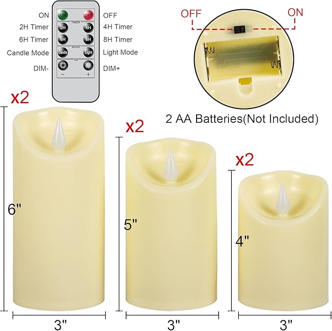 Wondise Flameless Candles with Remote, Set of 6 Battery Operated Flickering Flameless Candles with Timer 2/4/6/8H, Ivory Plastic LED Candles for Home Decor Wedding Christmas Decorations