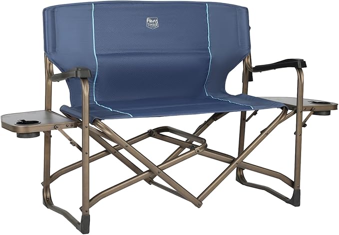 Timber Ridge Double Camping Chair Foldable Loveseat Directors Chairs, Oversized Double Folding Camping Chairs with 2 Side Tables, 2 Person Lawn Chair, Heavy Duty Support 600 LBS for Outdoor, Blue