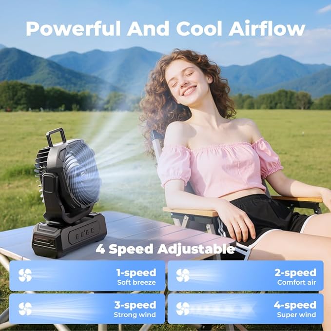30000mAh Portable Camping Fan with RGB Lantern, Rechargeable Battery Powered Oscillating with 4 Wind Speeds LED Display, Remote Control Timer Tent Beach Cordless USB Fans for Travel Home Outdoor