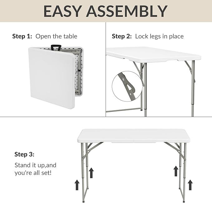 Simple Deluxe Foldable Table - Heavy Duty Portable Plastic Top & Steel Legs, Built-in Handle for Indoor Outdoor Party, Camping, Adjustable Height (22"/30"/36"), White 4FT