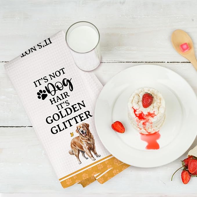 2Pcs Funny Dog Kitchen Towels 24x14 Inch, Cute Golden Retriever Waffle Weave Dish Towels for Kitchen Home, White Absorbent Microfiber Hand Tea Towel, Golden Retriever Gifts for Women Dog Lovers 2