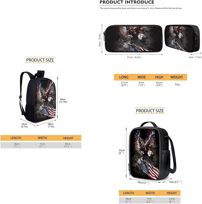 American Flag Eagle Pattern Kids Book Bag Set 3 In 1, 17 Inch Travel Backpack Rucksack Lunch Bags Pencil Case for Women Men