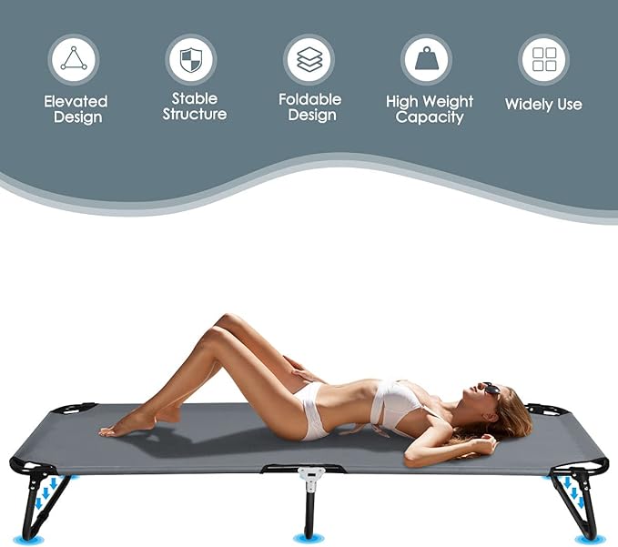 Giantex Folding Camping Cot for Adults, Portable Sleeping Cot Bed with 600D Oxford Fabric, Heavy Duty Frame, 350Lbs Capacity, 1-Step Use, Outdoor Lounge Chair for Sleepover Hiking, Home & Office, Grey