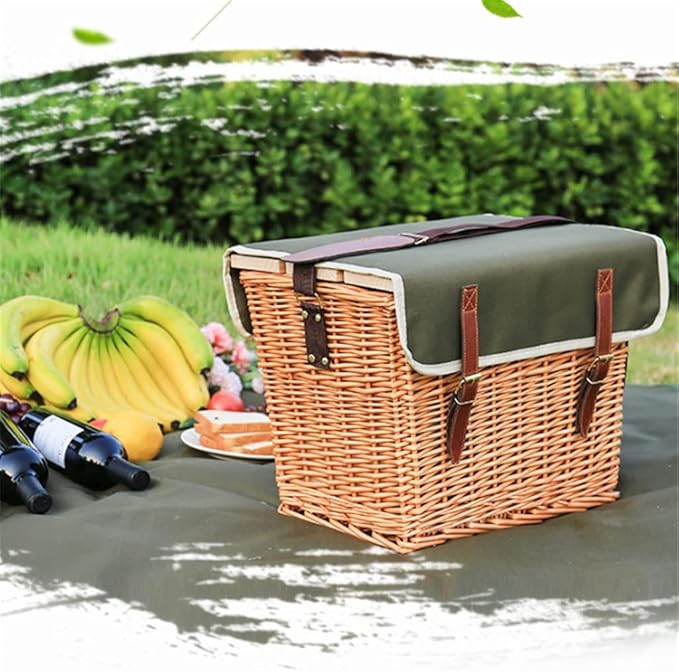 Portable Rattan Picnic Basket Set with Shoulder Strap - Insulated Outdoor Picnic Box with Cover & 4-Piece Tableware for Camping and Outdoor Activities