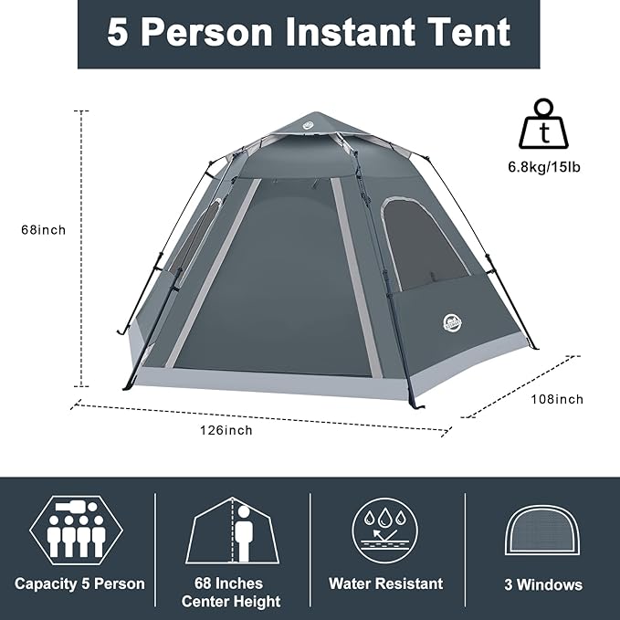 ADSMART Instant Tents for Camping 2/3/4/5 Person Tent Waterproof Easy Setup Sets Up Backpacking Tents with Carry Bag for Outdoor Hiking