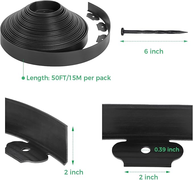 2-Inch x 50 FT Landscape Edging Border with 75 Spikes, Garden Edging Border Lawn Edging Border, Plastic Edging Border Flexible for Garden Flower Beds Lawn Yard Paver Pathway (Black)