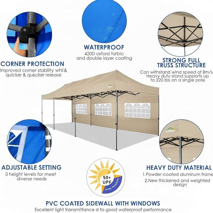 COBIZI 10x30 Pop up Canopy Heavy Duty with 8 Sidewalls,Easy Set-up Commercial Outdoor Party, Foldable UPF 50+ Waterproof Commercial Easy up Canopy with Wheeled Bag, Khaki