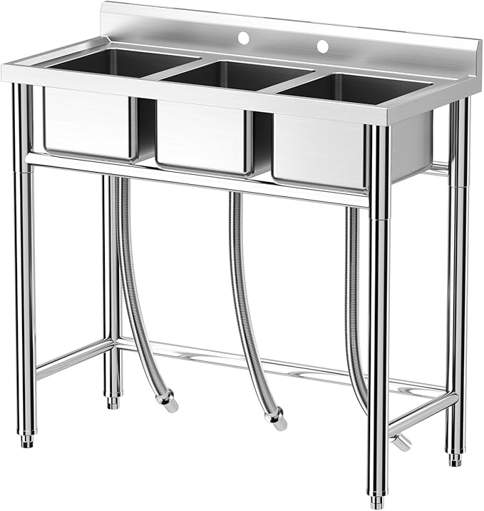 Zstar Stainless Steel Sink, 3-Compartment Freestanding Sink with Hot & Cold Hoses, Commercial Kitchen Utility Sink for Garage, Restaurant, Backyard for Indoor Outdoor (33in)