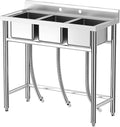 Zstar Stainless Steel Sink, 3-Compartment Freestanding Sink with Hot & Cold Hoses, Commercial Kitchen Utility Sink for Garage, Restaurant, Backyard for Indoor Outdoor (33in)