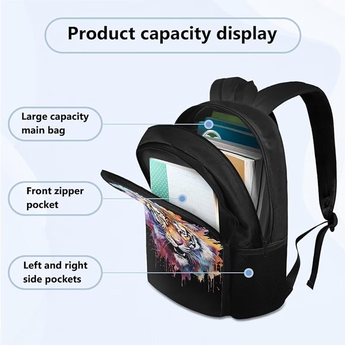 Cool Tiger Backpack Sets for Boys Back to School, 3rd Grade Boys Backpack 4 PCS Set Pencil Case Multifunctional Lunch Box Set Water Bottle Holder for School Study