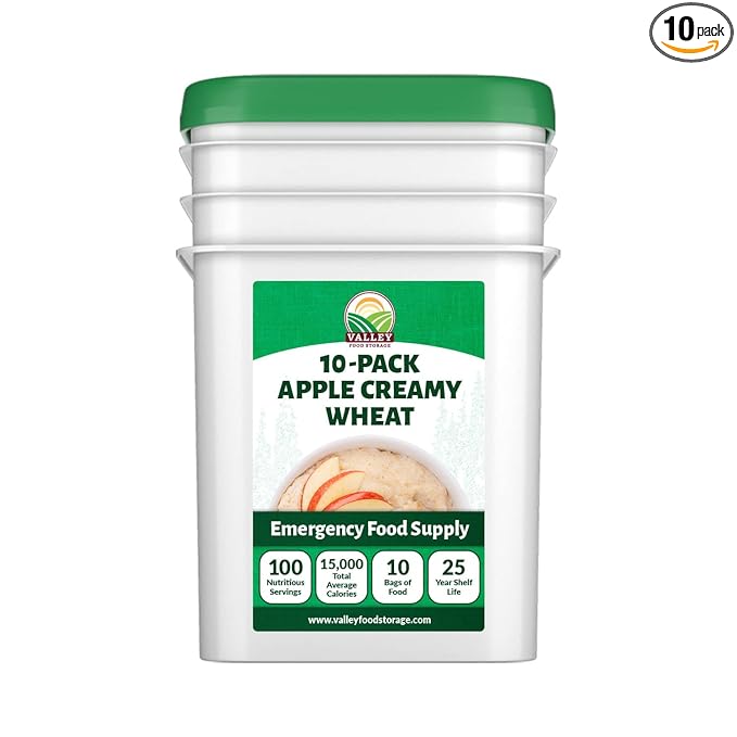 Valley Food Storage Apple Creamy Wheat | 100 Serving Emergency Breakfast Food Supply, 10-Bag Bucket | 25 Year Shelf Life | Survival Meals for Long Term Food Storage, Camping & Prepper Supplies