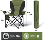 Heavy Duty Folding Chair 500LB Capacity, Oversized Camping Chairs with Cup Holder, Cooler Bag & Storage Pouch, Double-Layer Fabric, Outdoor Chairs for Sports, Lawn Chairs (1, Black Green, Oversized)