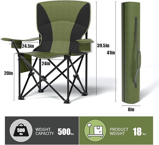 Heavy Duty Folding Chair 500LB Capacity, Oversized Camping Chairs with Cup Holder, Cooler Bag & Storage Pouch, Double-Layer Fabric, Outdoor Chairs for Sports, Lawn Chairs (1, Black Green, Oversized)