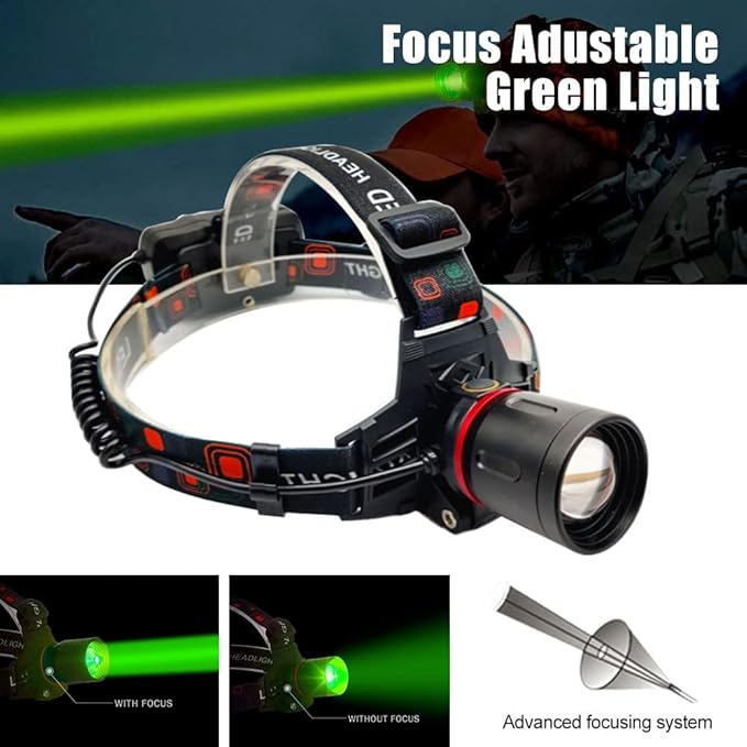 Green LED Headlamp Rechargeable Super Bright Hunting Headlamps Waterproof Headlamp Flashlight Zoomable 3 Modes Headlight for Hunting Fishing Running