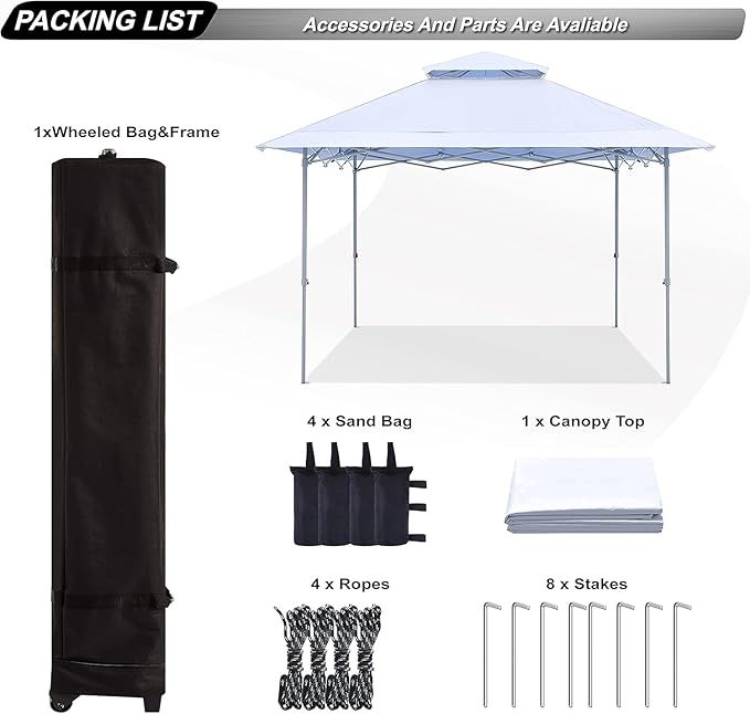 ABCCANOPY 13x13 Pop Up Canopy with Double Ventilated Top, 4 Sandbags, 4 Ropes and 8 Stakes (White)