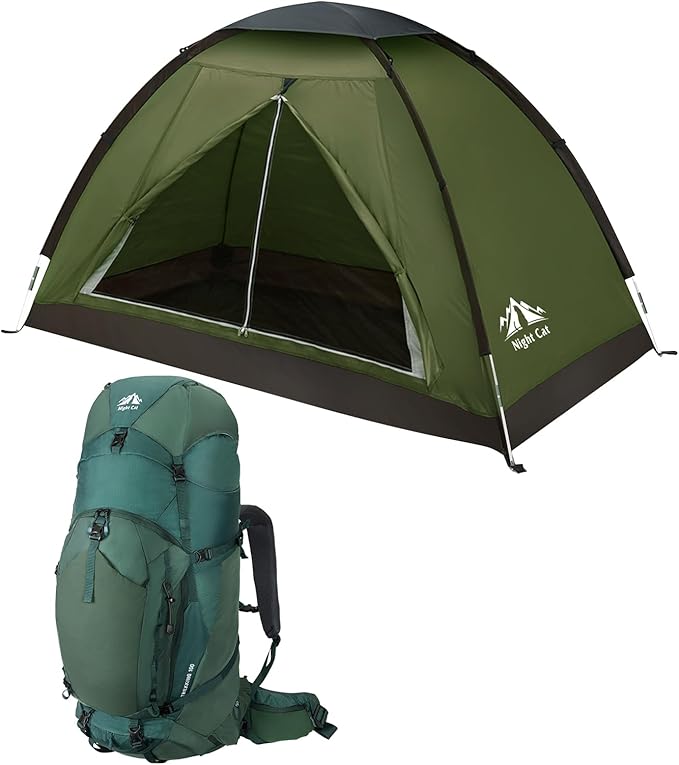 Night Cat Backpacking Tent with Internal-Frame Hiking Backpack 100L for One 1 to 2 Persons Lightweight Waterproof Camping Hiking Tent for Adults Kids Scouts Easy Setup Single Layer 2.2x1.2m