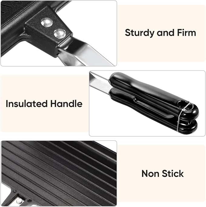 VOSAREA Sandwich Maker Grilled Sandwich Maker Pan Non-Stick Hot with Long Handle Double Sided Frying Pan Stovetop Toasted for Home Kitchen Breakfast Camping (Black)