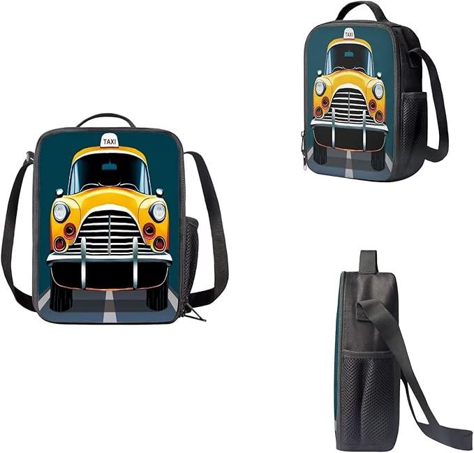3 Set of Cartoon Taxi Pattern Backpack Set with Portable Lunch Box and Multilayer Structure Dirt-resistant Pencil Case for Boys Elementary High School Students