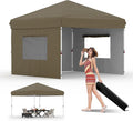 10x10 Pop Up Canopy with 3 Sidewalls - Easy Up Camping Tent with One Button Push Setup - 1 Roller Bag, 3 Adjustable Height, 4 Weight Bags for Deck, Garden, Sports, Beach, Party - Brown